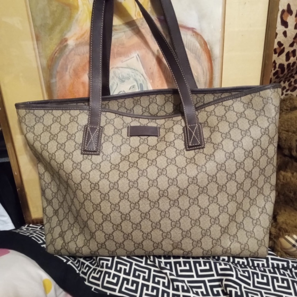 Gucci Beige Brown GG Canvas Tote Bag